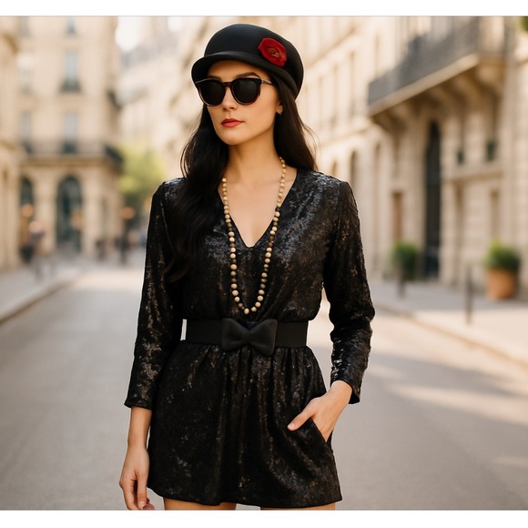 THEORY BLACK SEQUINS LONG SLEEVE V-NECK ZIP FRONT COCKTAIL DRESS SIZE 6 - Picture 3 of 10